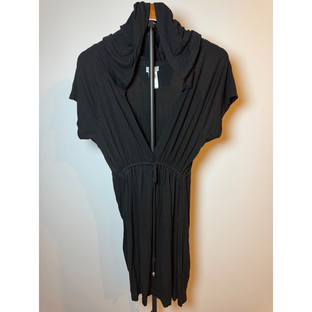 Dotti Womens Black Hooded Swim Cover Up Dress Size L V-Neck Drawstring Waist